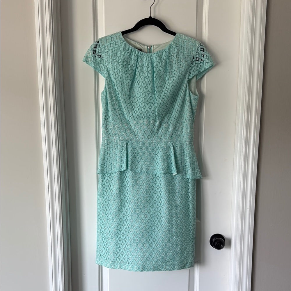 Muse Blue Green Peplum Sheath Dress for Wedding Guest